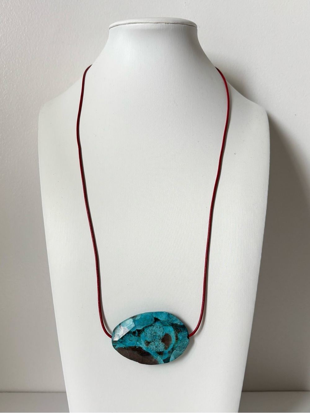 Turquoise Imperial Jasper Minimalist Stone Pendant Necklace on Red Leather Cord